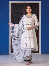 Off-White & Black Cotton Dobby Pleated Embroidered Kurta Palazzo & Dupatta Set-S4499OFFWHITE